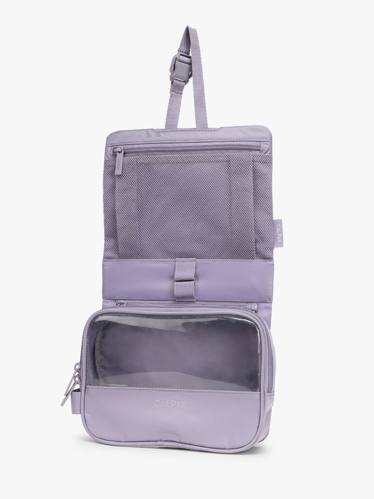 Opened CALPAK Fit Hanging Dopp Kit in purple Iris; TFH2401-IRIS