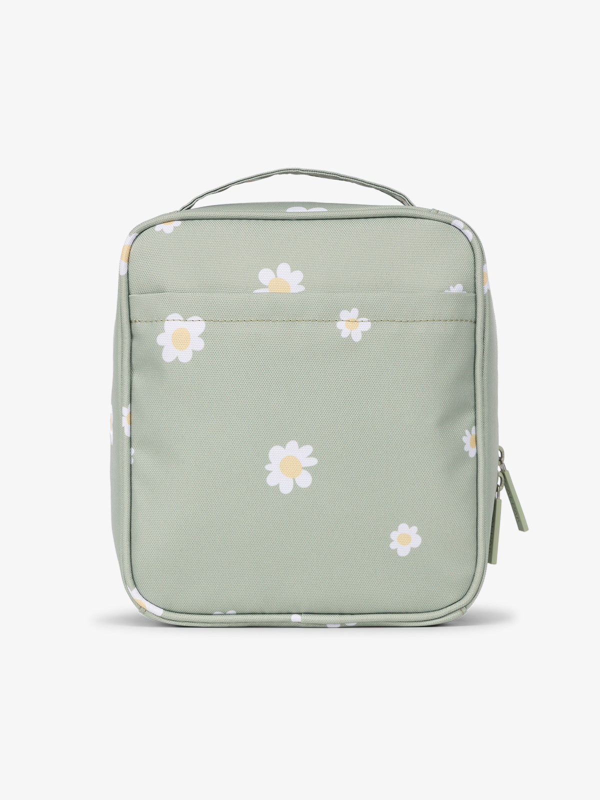 Backview of CALPAK The Everything Cube with exterior back slip pocket in green floral daisy print; ACE2401-DAISY