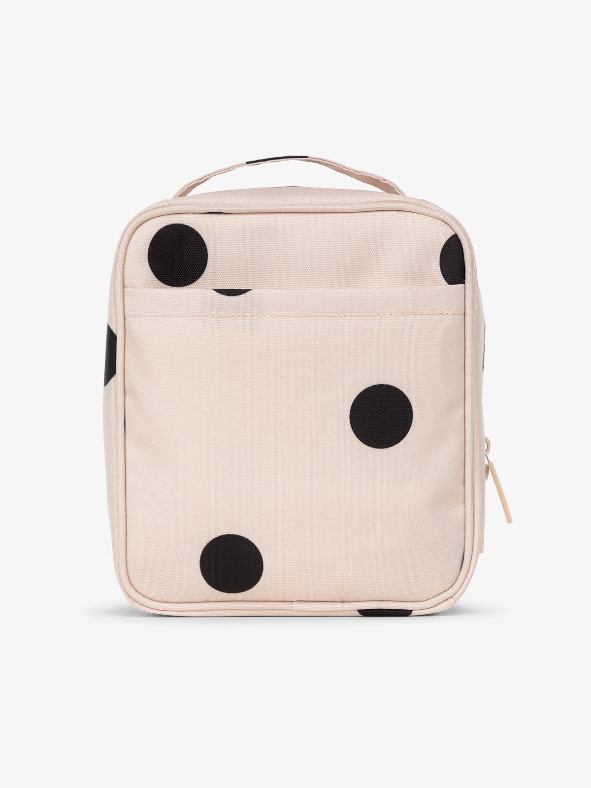 Backview of CALPAK The Everything Cube with exterior back slip pocket in black and white polka dot print; ACE2401-POLKA-DOT