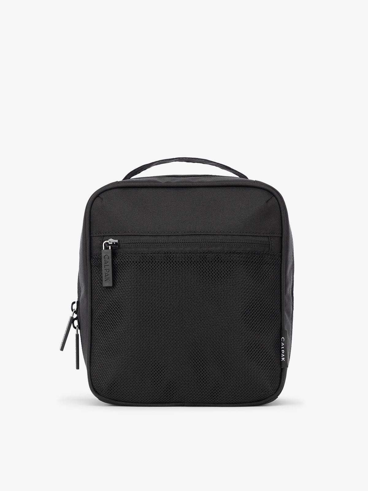 Front-view of CALPAK The Everything Cube made with durable exterior material featuring exterior mesh pocket and top handle in black; ACE2401-BLACK