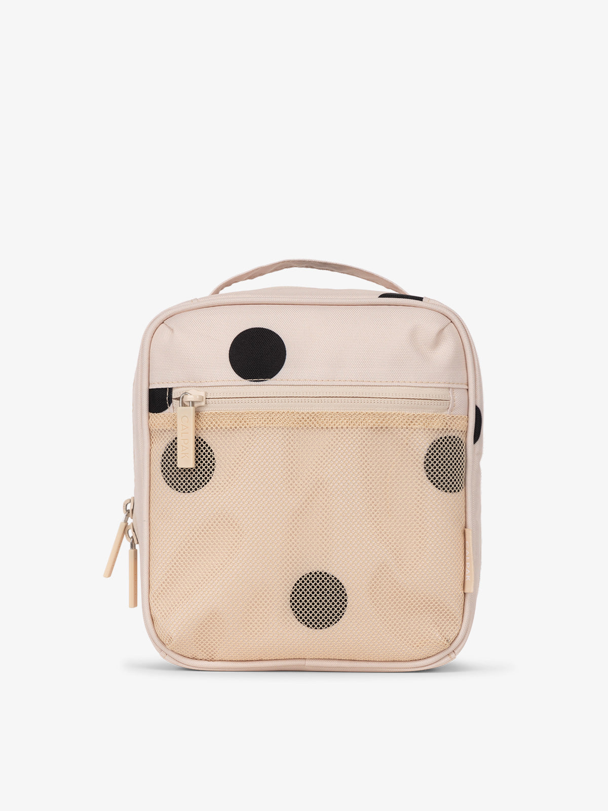 Front-view of CALPAK The Everything Cube made with durable exterior material featuring exterior mesh pocket and top handle in polka dot; ACE2401-POLKA-DOT