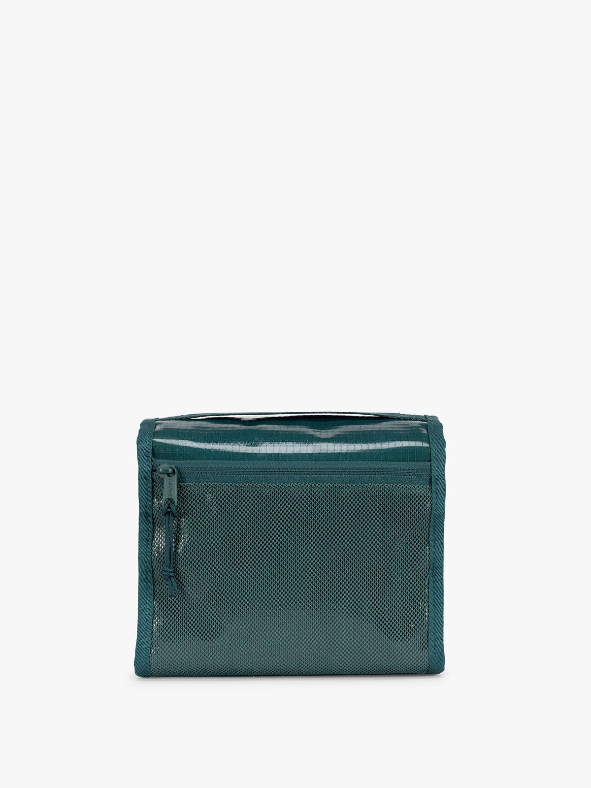 Back side with zipper of CALPAK Terra Hanging Toiletry Bag to store makeup and toiletries in blue green Kale on a white background; THY2201-KALE