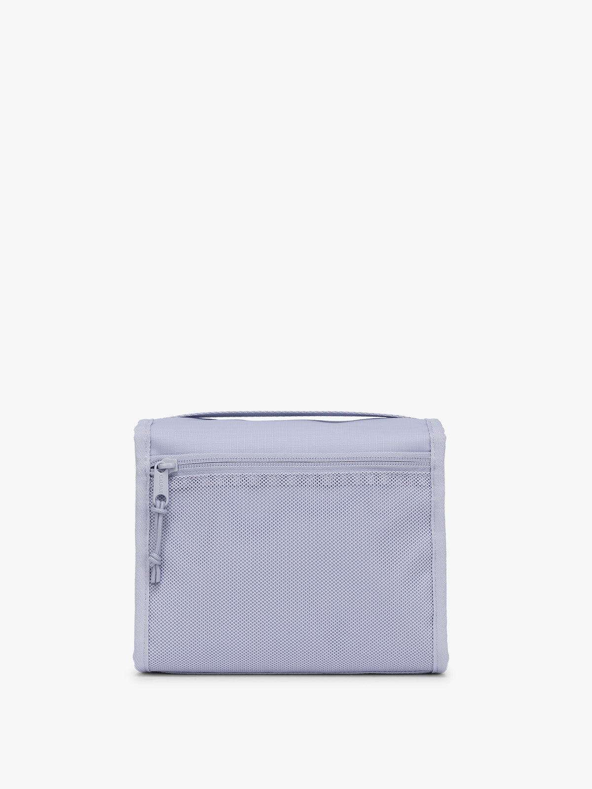 Backside of CALPAK Terra Hanging Toiletry Bag in light purple Sea Glass with front buckle; THY2201-SEA-GLASS