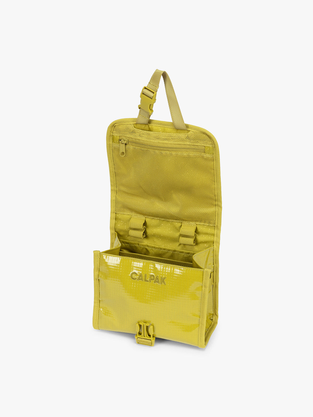 Opened CALPAK Terra Hanging Toiletry Bag to store makeup and toiletries in yellow green Wasabi on a white background; THY2201-WASABI
