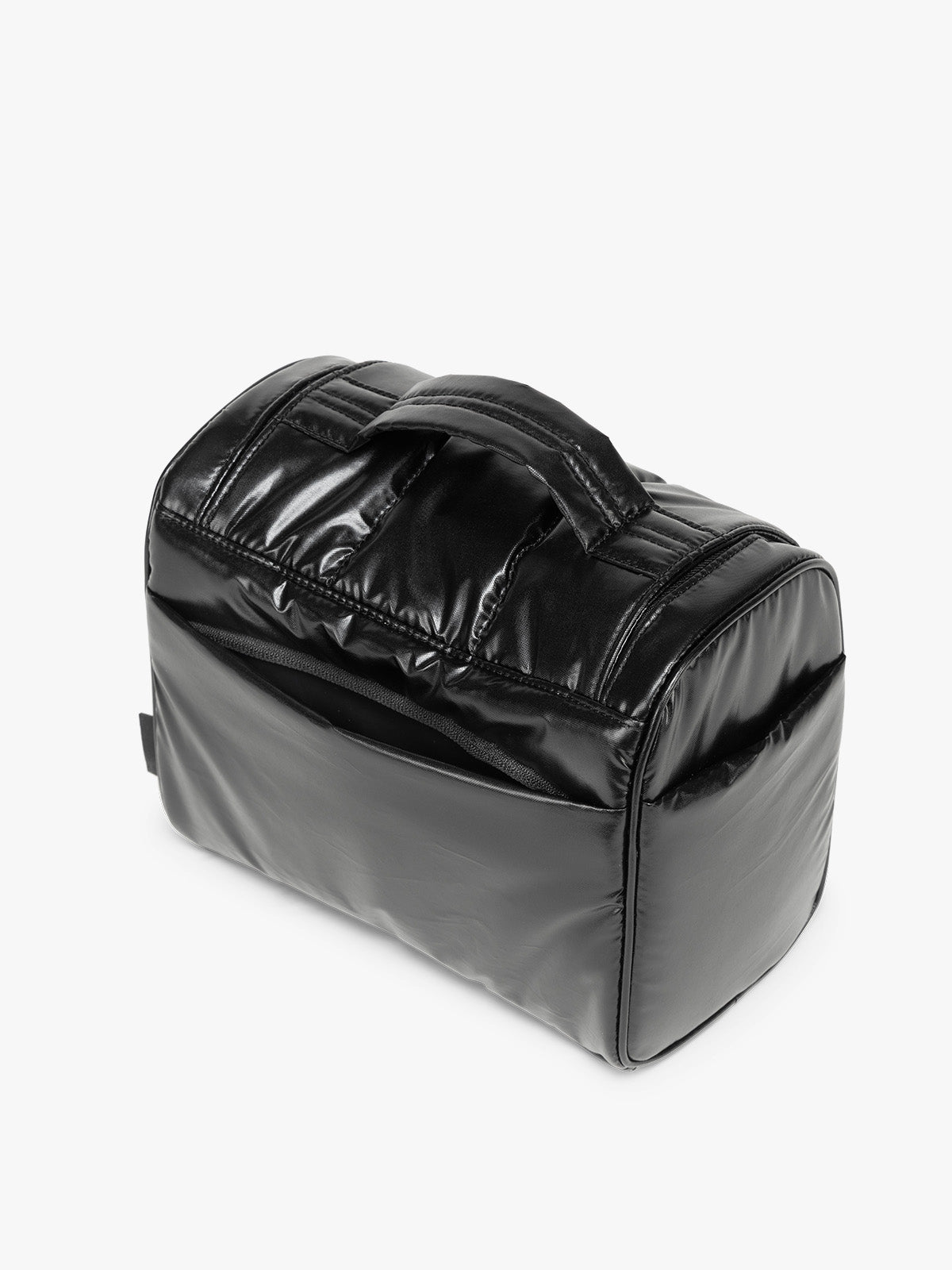 Back view of CALPAK Luka Hanging Toiletry Bag in Glazed Black; TLH2301-GLAZED-BLACK
