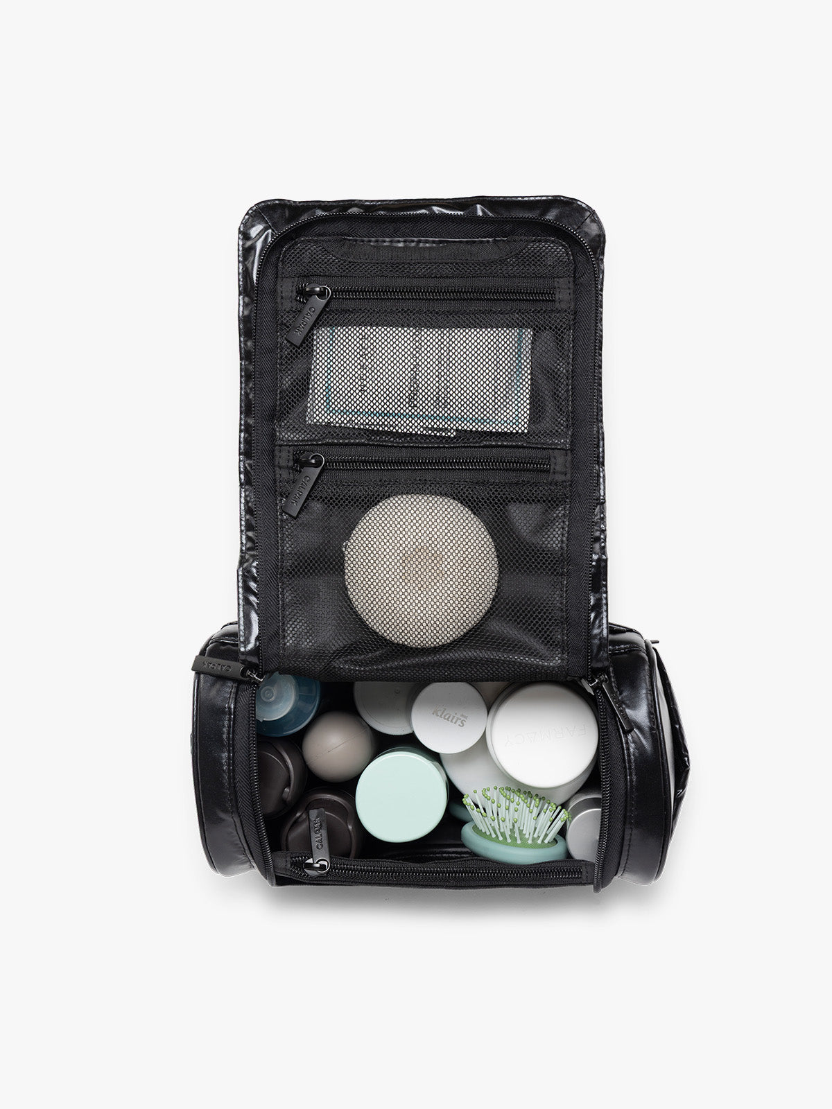 Opened CALPAK Luka Hanging Toiletry Bag in Glazed Black; TLH2301-GLAZED-BLACK