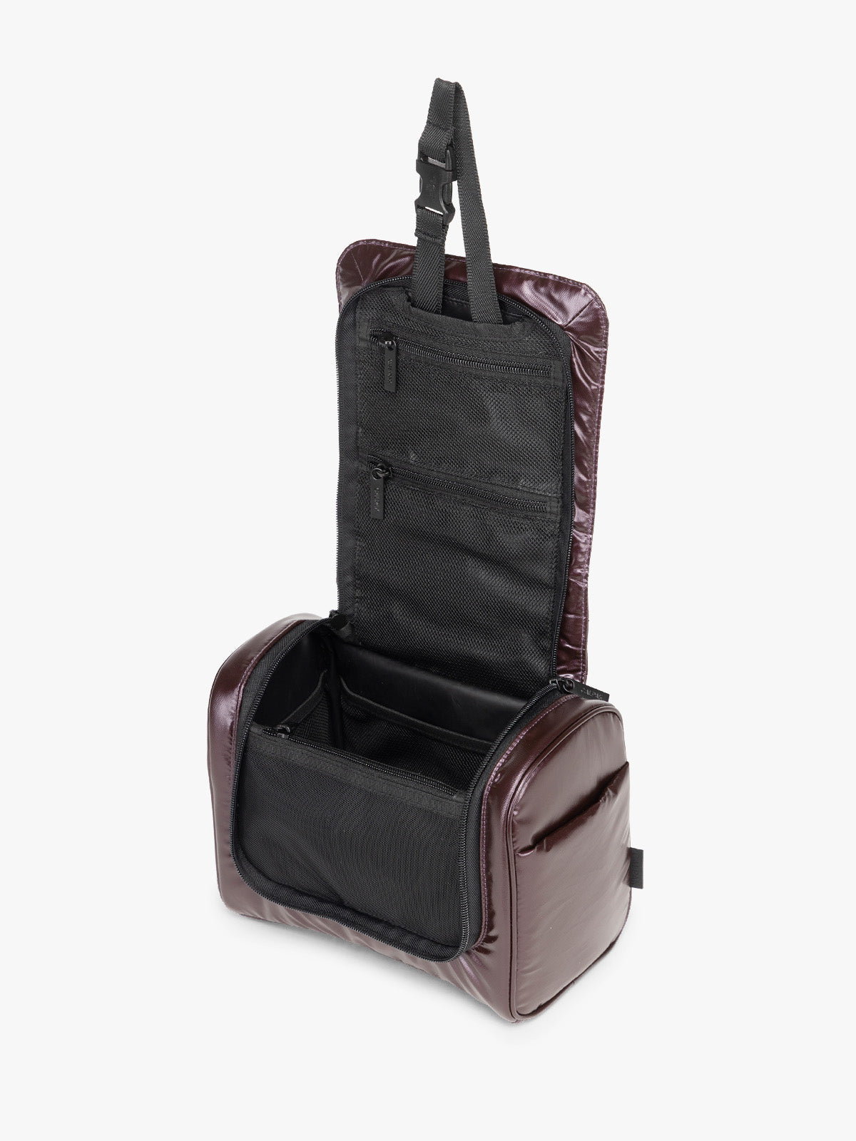 Opened view of CALPAK Luka Hanging Toiletry Bag in maroon Glazed Dark Cherry; TLH2301-GLAZED-DARK-CHERRY