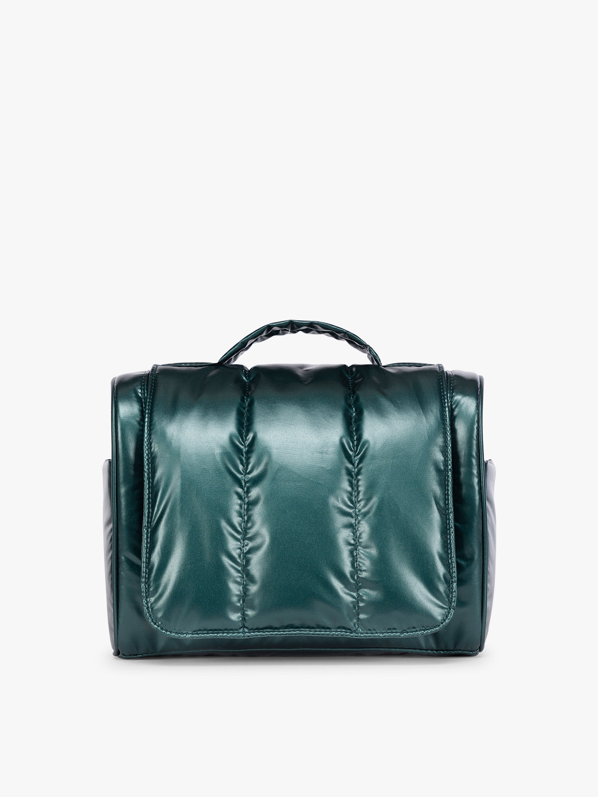 CALPAK Luka Hanging Toiletry Bag in dark green shiny Kale; TLH2301-GLAZED-KALE