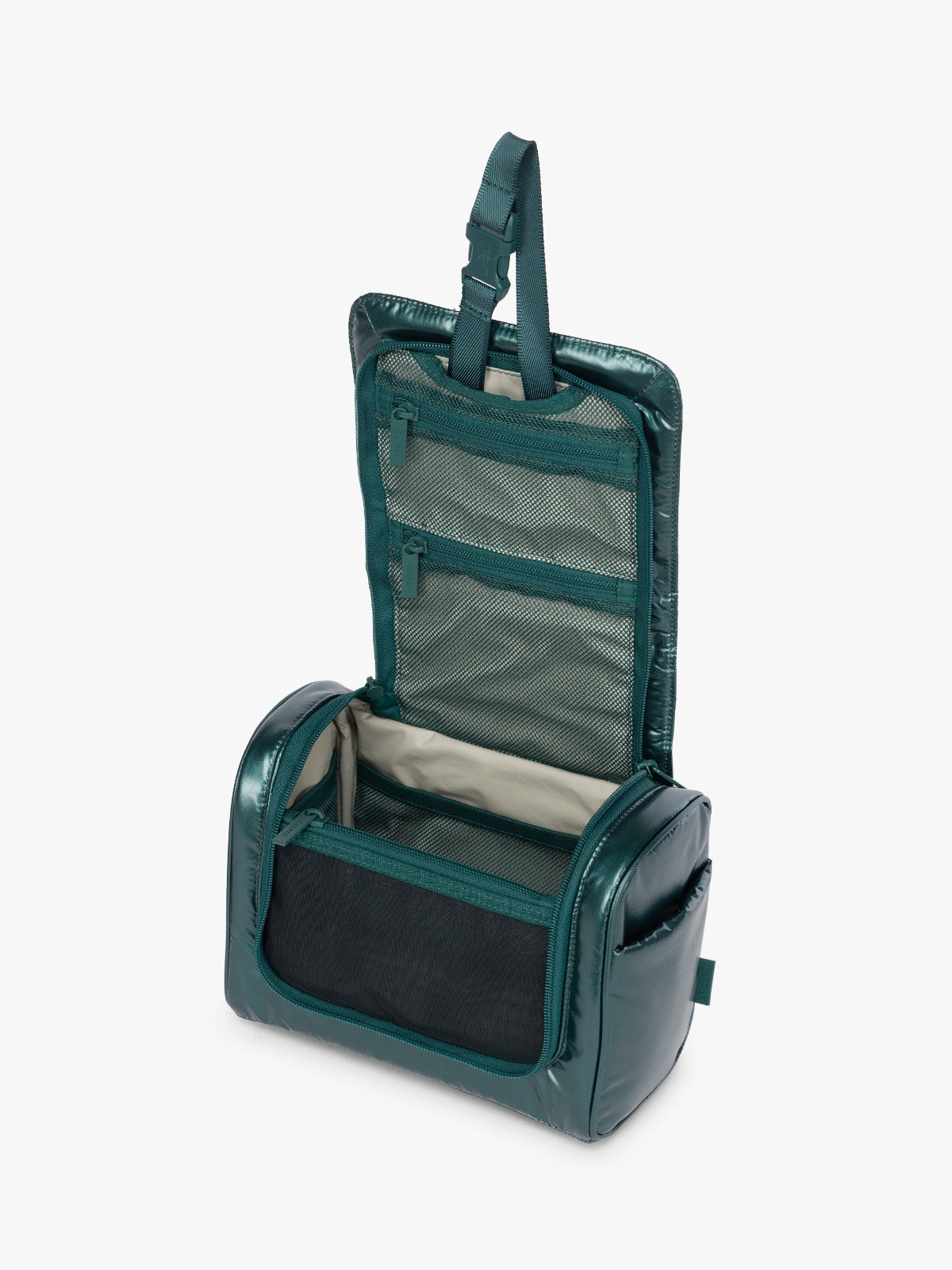Opened CALPAK Luka Hanging Toiletry Bag in dark green shiny Kale; TLH2301-GLAZED-KALE