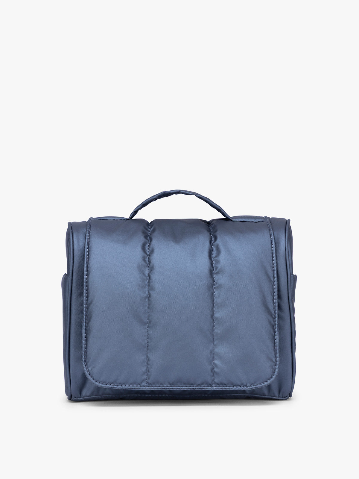 CALPAK Luka Hanging Toiletry Bag in metallic dark blue material in Metallic Indigo; TLH2301-METALLIC-INDIGO