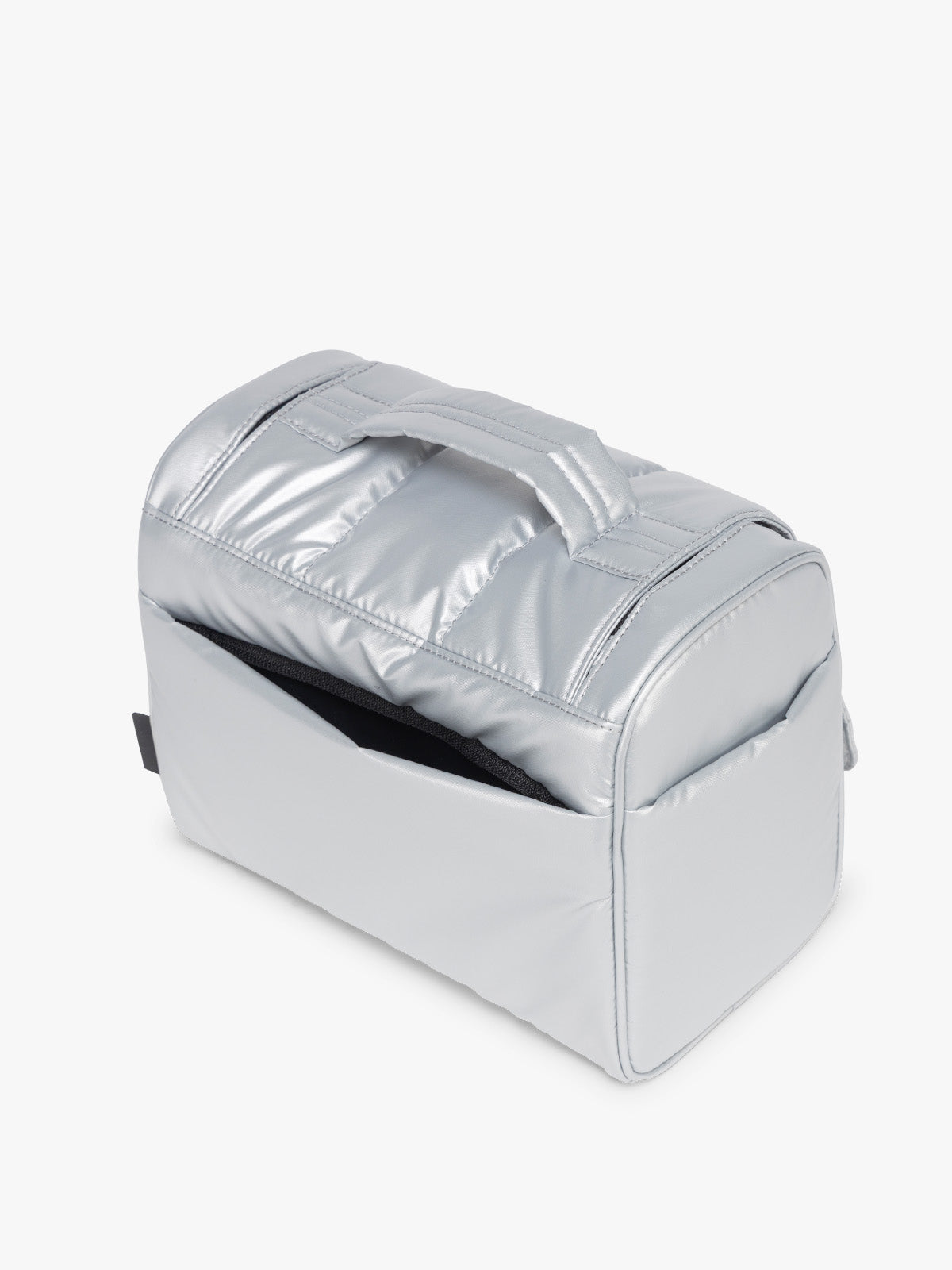 Back view of CALPAK Luka Hanging Toiletry Bag in Silver; TLH2301-SILVER