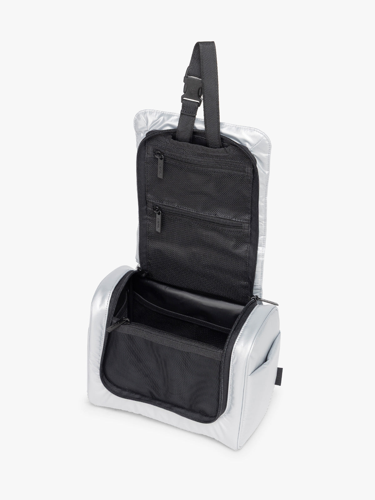 Opened CALPAK Luka Hanging Toiletry Bag in Silver; TLH2301-SILVER