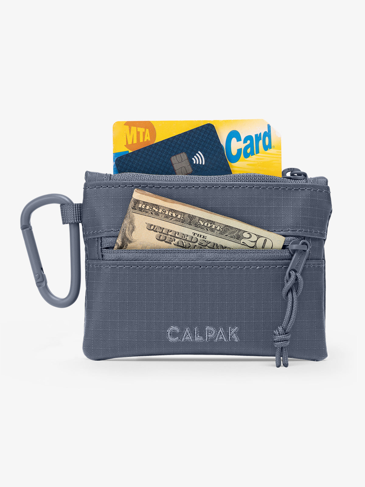 CALPAK Terra Clippable Card Pouch in blue Matte Indigo utilized as wallet; TPC2401-INDIGO