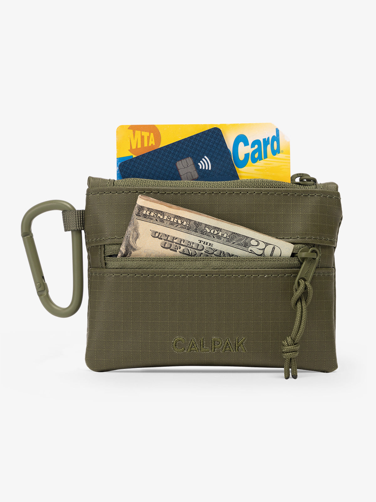 CALPAK Terra Clippable Card Pouch in dark green Matte Pine utilized as wallet; TPC2401-PINE