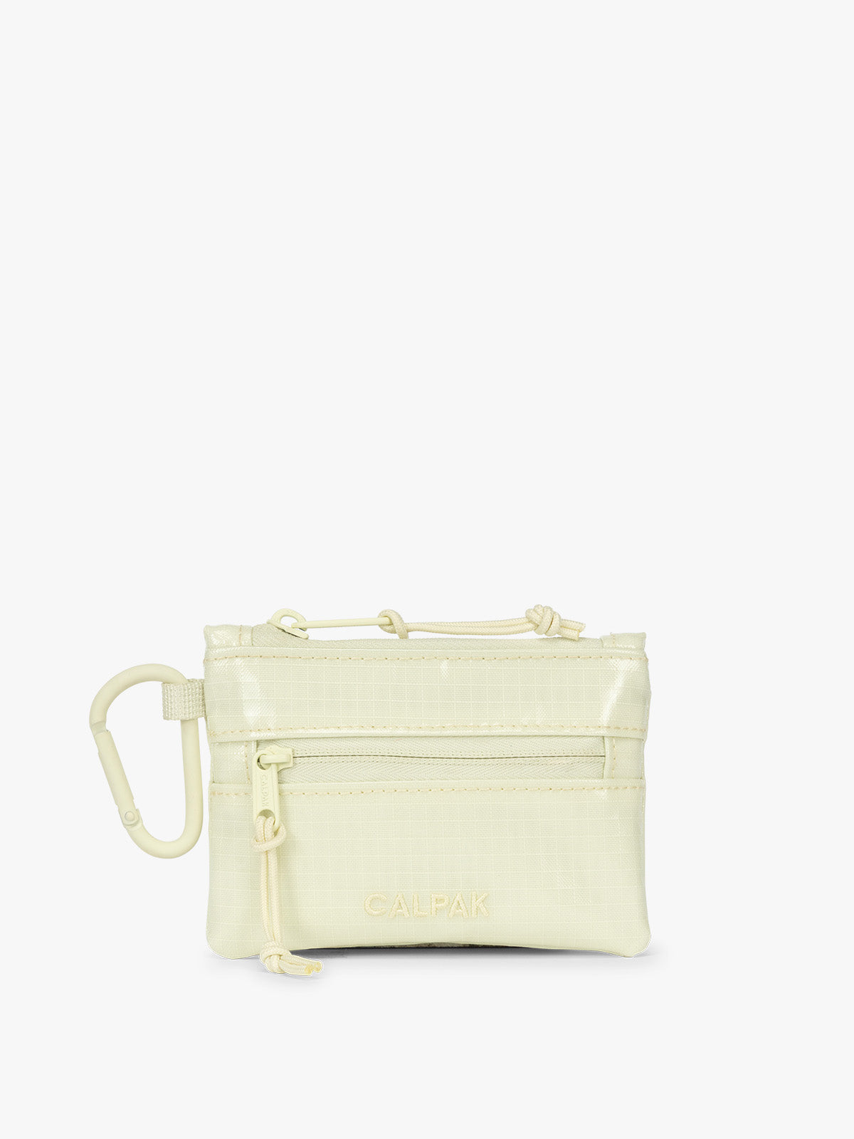 CALPAK Terra Clippable Card Pouch in light green Celadon on a white background with a carabiner; TPC2401-CELADON