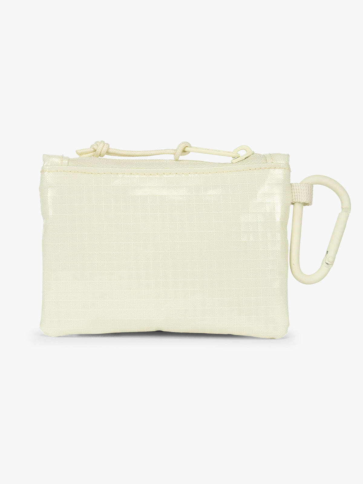 Backside of CALPAK Terra Clippable Card Pouch in light green Celadon on a white background with a carabiner; TPC2401-CELADON