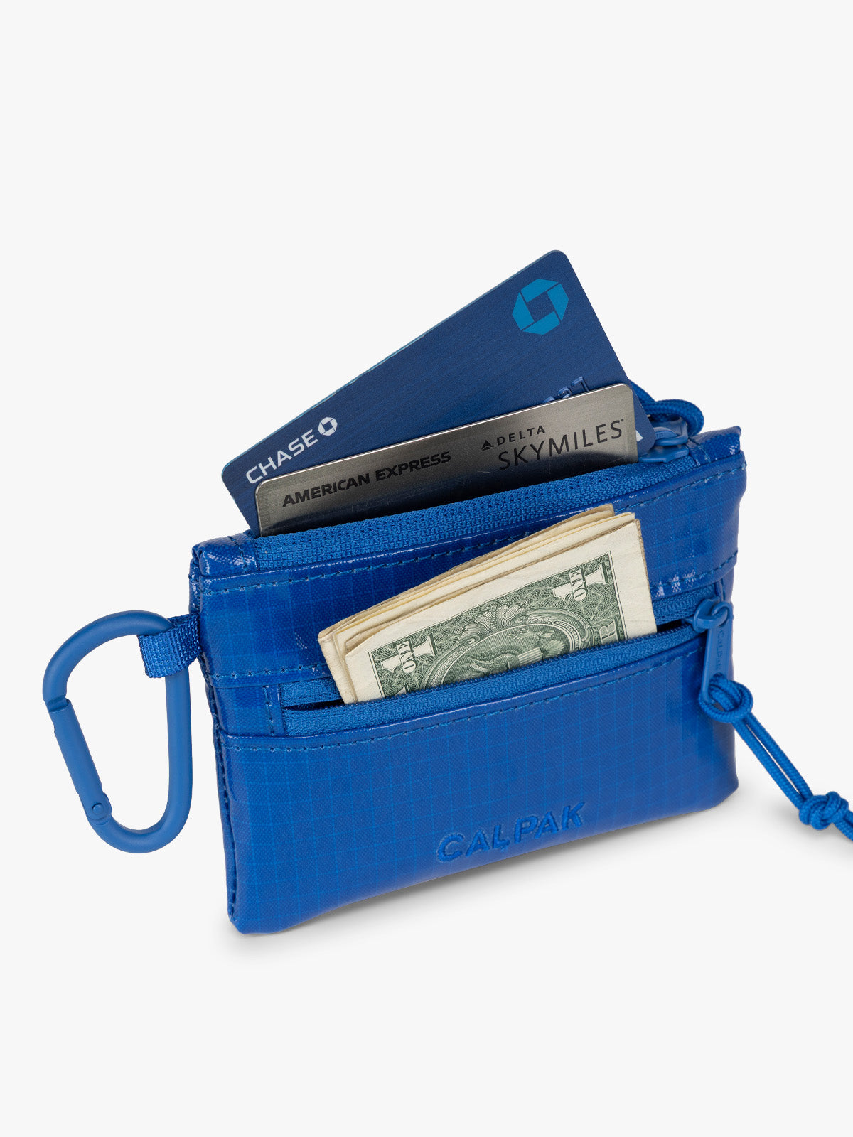CALPAK Terra Clippable Card Pouch in blue Cobalt with items; TPC2401-COBALT