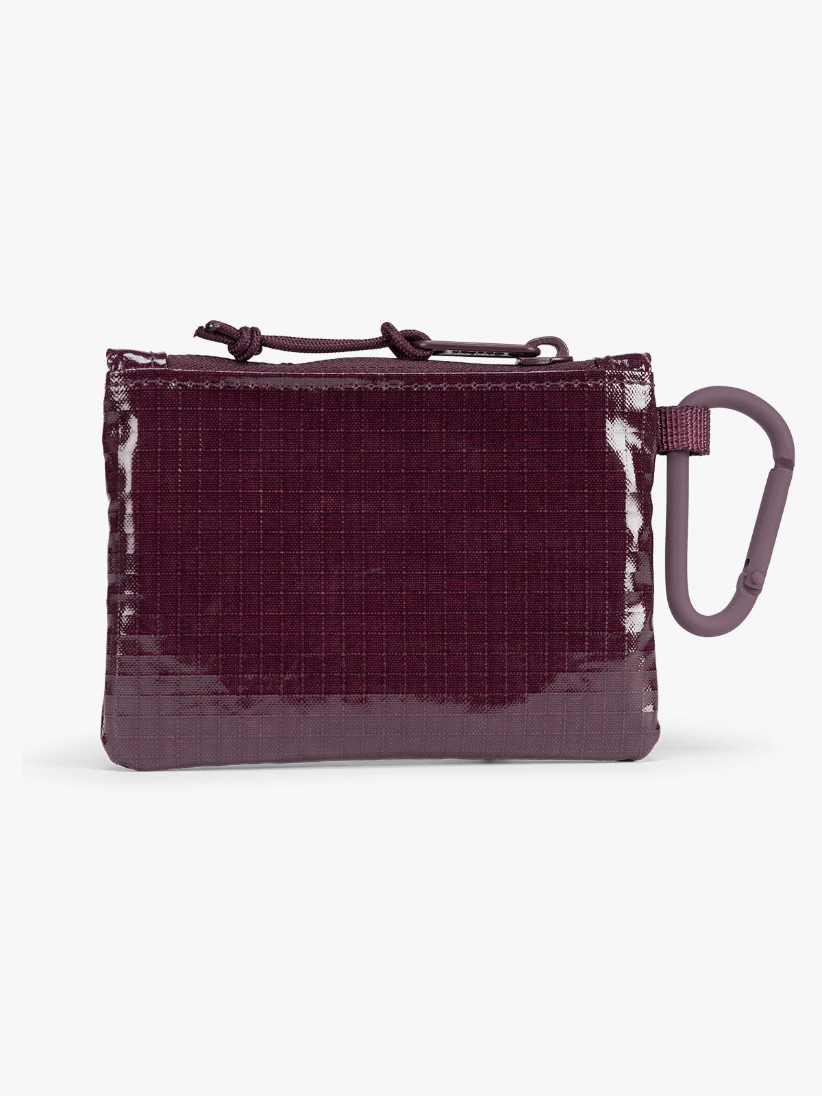 Backside of dark red Dark Cherry CALPAK Terra Clippable Card Pouch with carabiner clip and zipper on a white background; TPC2401-DARK-CHERRY
