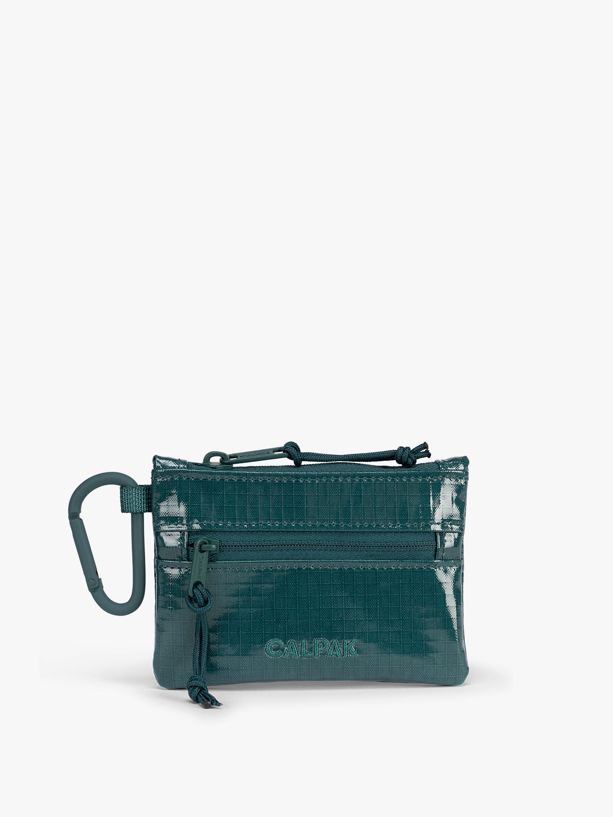 Kale blue green of CALPAK Terra Clippable Card Pouch with carabiner clip and zipper on a white background; TPC2401-KALE
