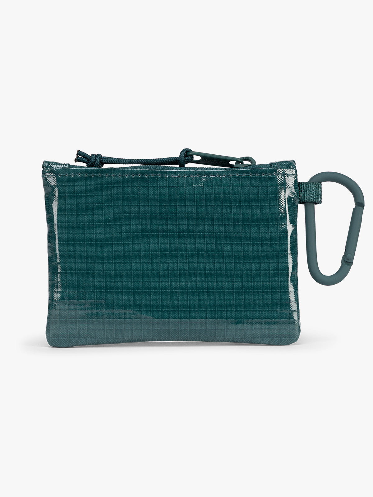Backside of Kale blue green of CALPAK Terra Clippable Card Pouch with carabiner clip and zipper on a white background; TPC2401-KALE