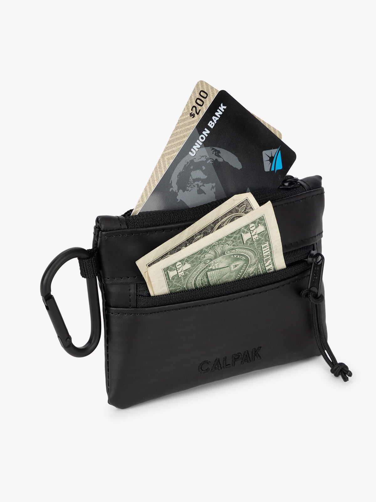 CALPAK Terra Clippable Card Pouch in black Matte Obsidian with items; TPC2401-MATTE-OBSIDIAN