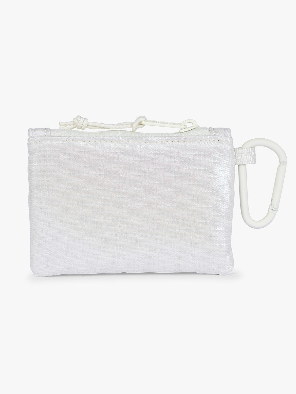Backside of CALPAK Terra Clippable Card Pouch in shiny white Moonbeam on a white background with a carabiner; TPC2401-MOONBEAM