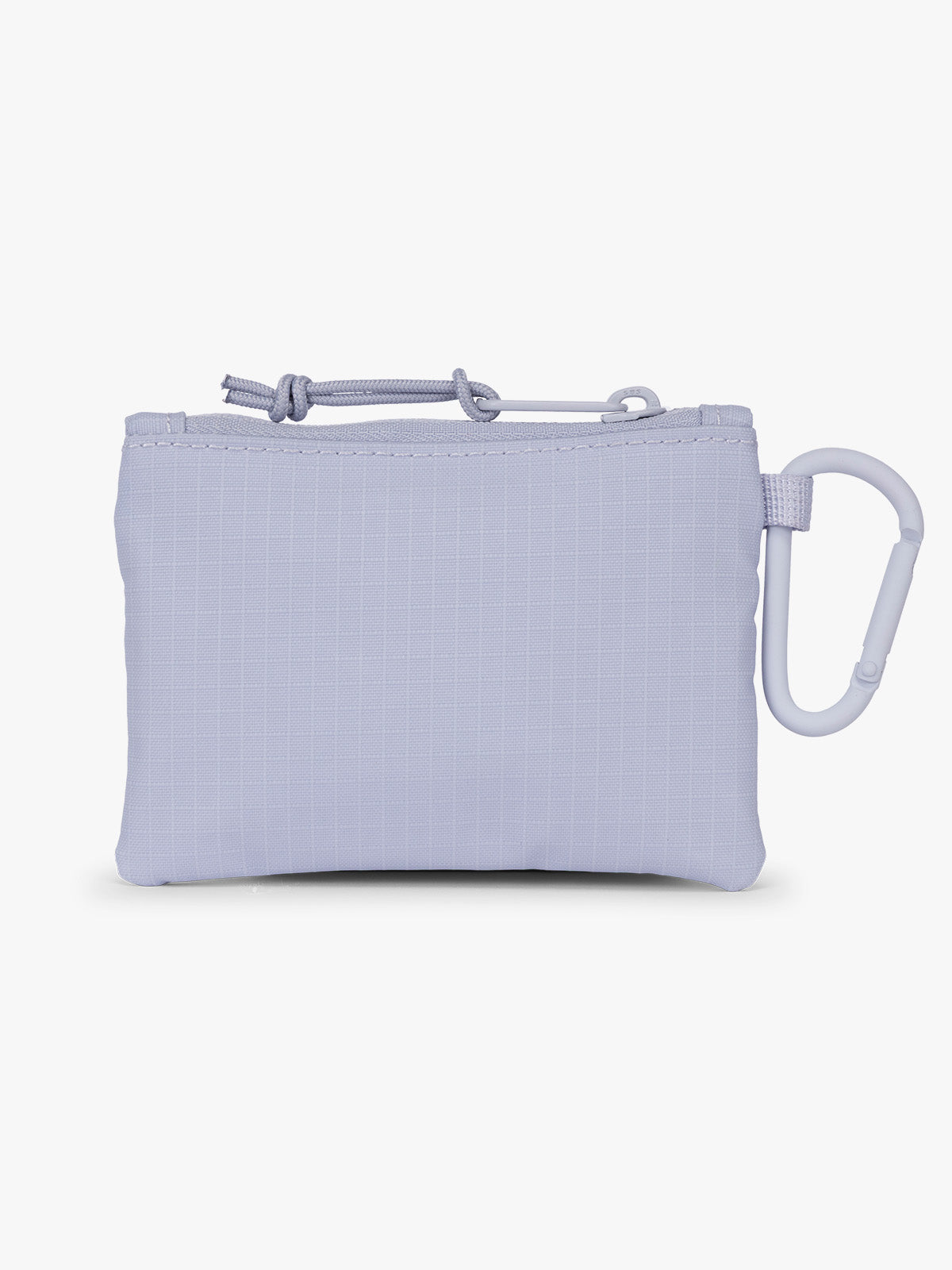 Backside of CALPAK Terra Clippable Card Pouch in light purple lavender Sea Glass on a white background with a carabiner; TPC2401-SEA-GLASS