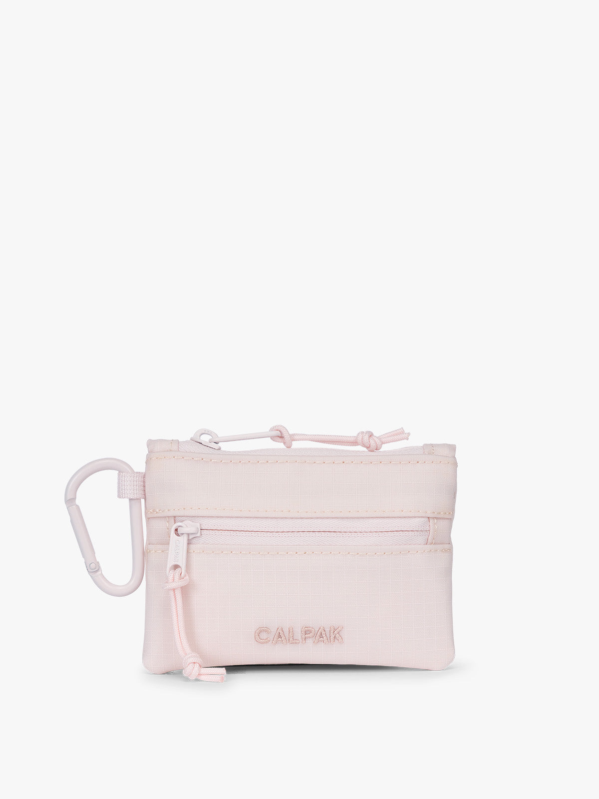 CALPAK Terra Clippable Card Pouch in shiny pink Shell Pink on a white background with a carabiner; TPC2401-SHELL-PINK