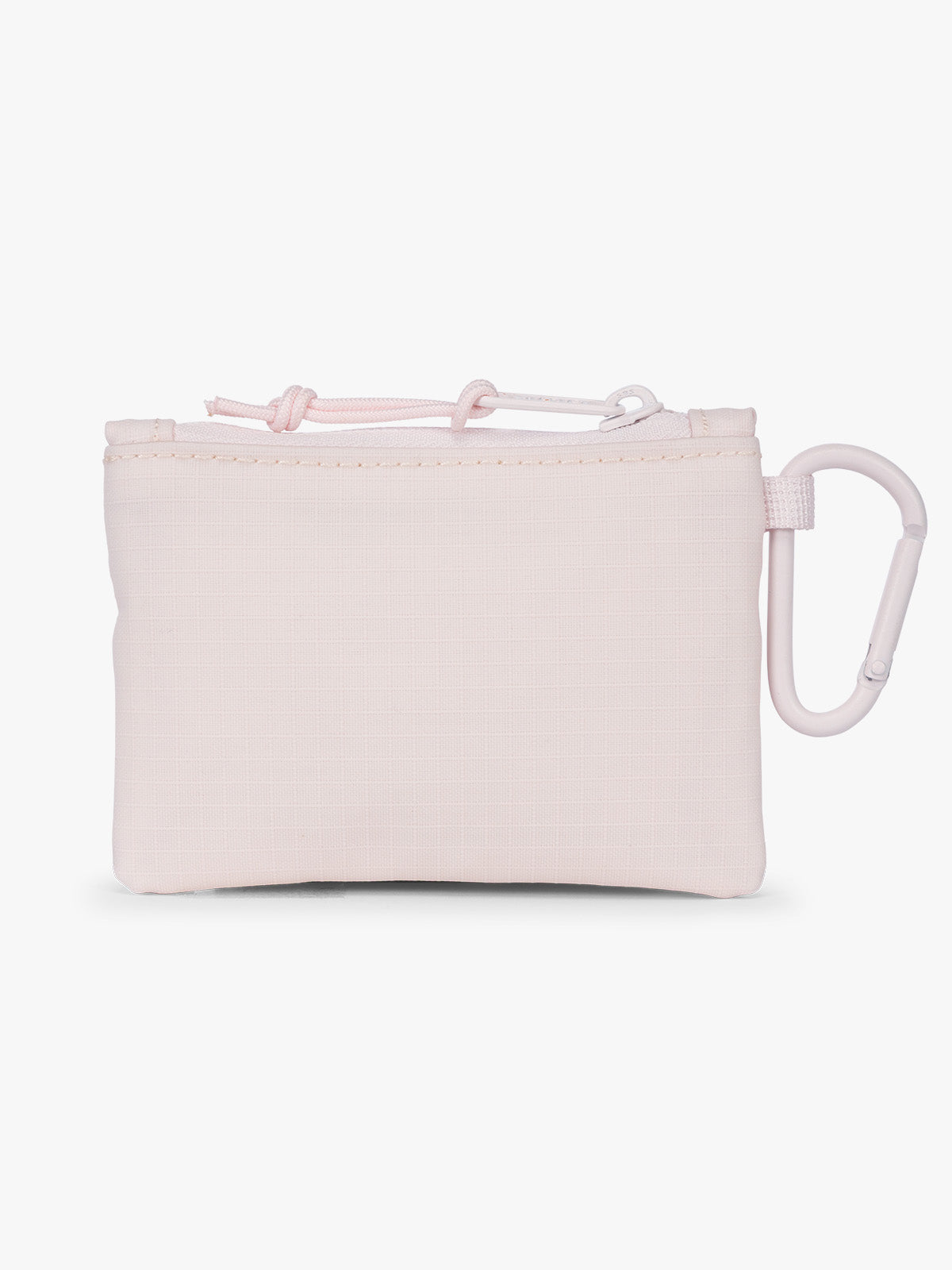Backside of CALPAK Terra Clippable Card Pouch in shiny pink Shell Pink on a white background with a carabiner; TPC2401-SHELL-PINK