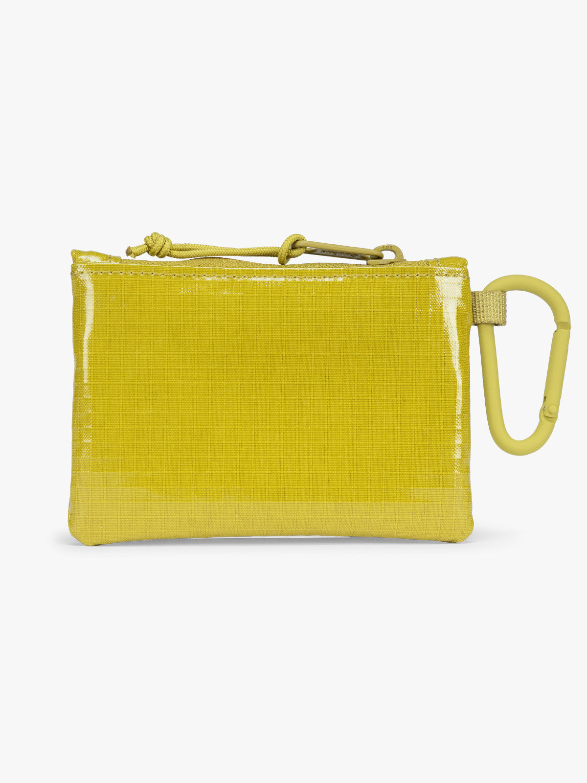 Backside of yellow green Wasabi of CALPAK Terra Clippable Card Pouch with carabiner clip and zipper on a white background; TPC2401-WASABI