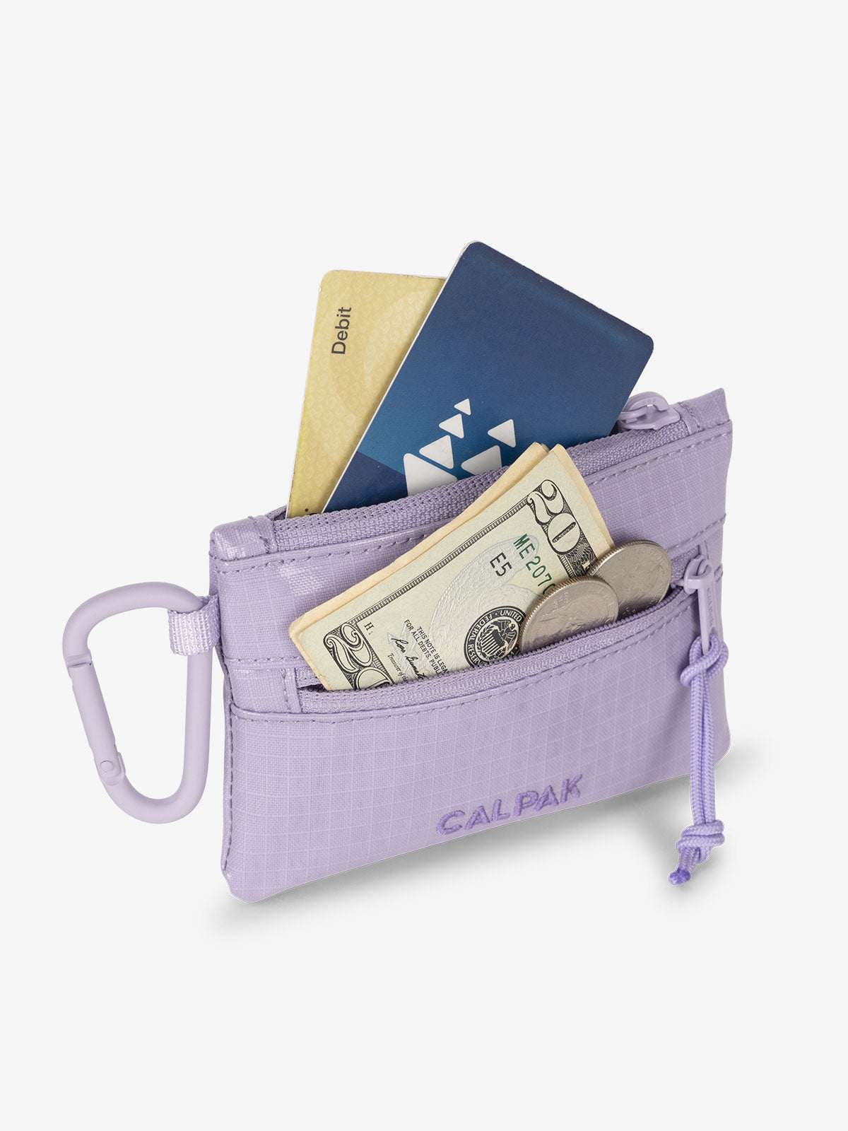 CALPAK Terra Clippable Card Pouch in purple lavender Amethyst being used for card and cash wallet; TPC2401-AMETHYST