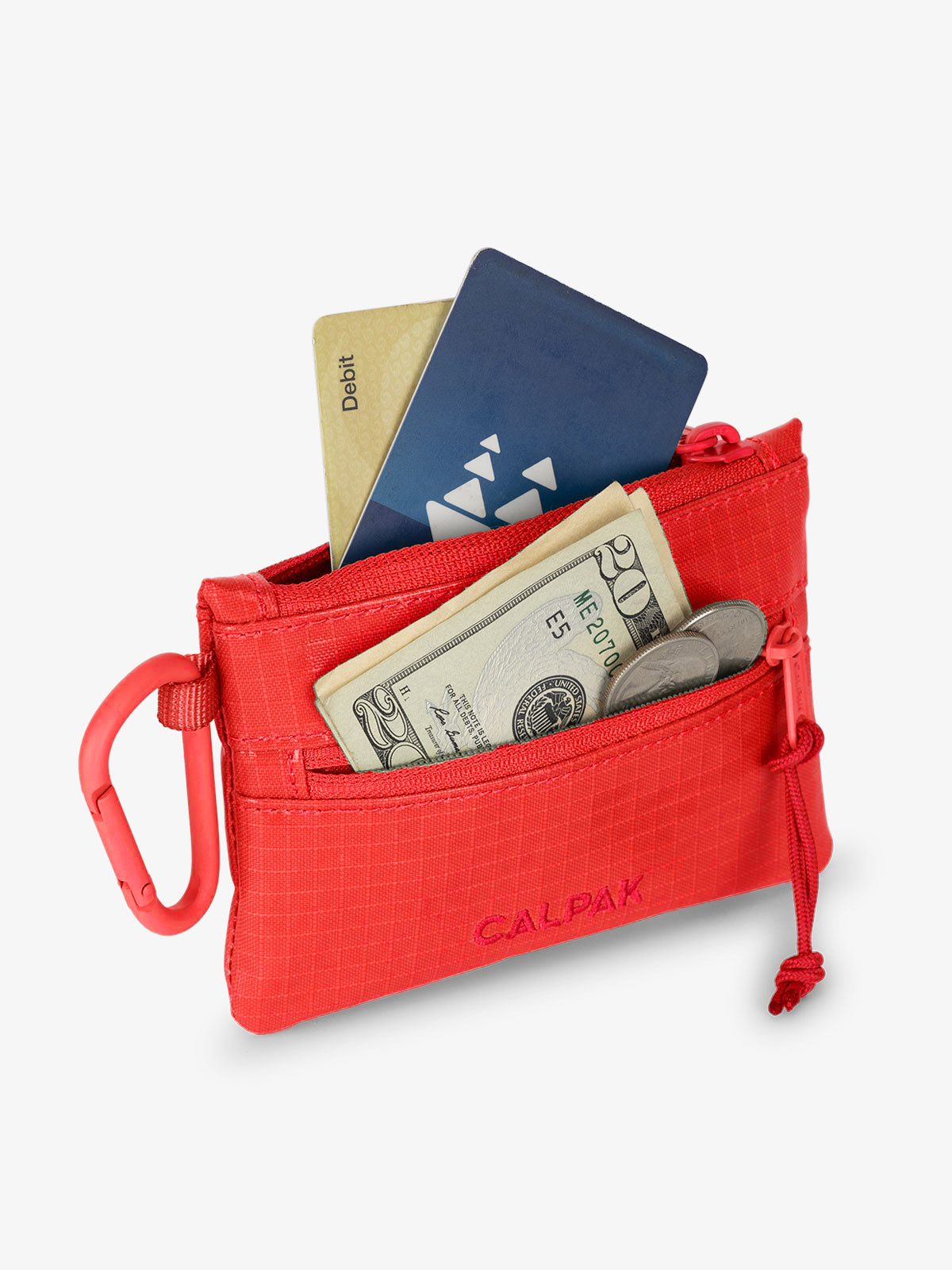 CALPAK Terra Clippable Card pouch in Red with multiple pockets to hold card and cash; TPC2401-FLAME