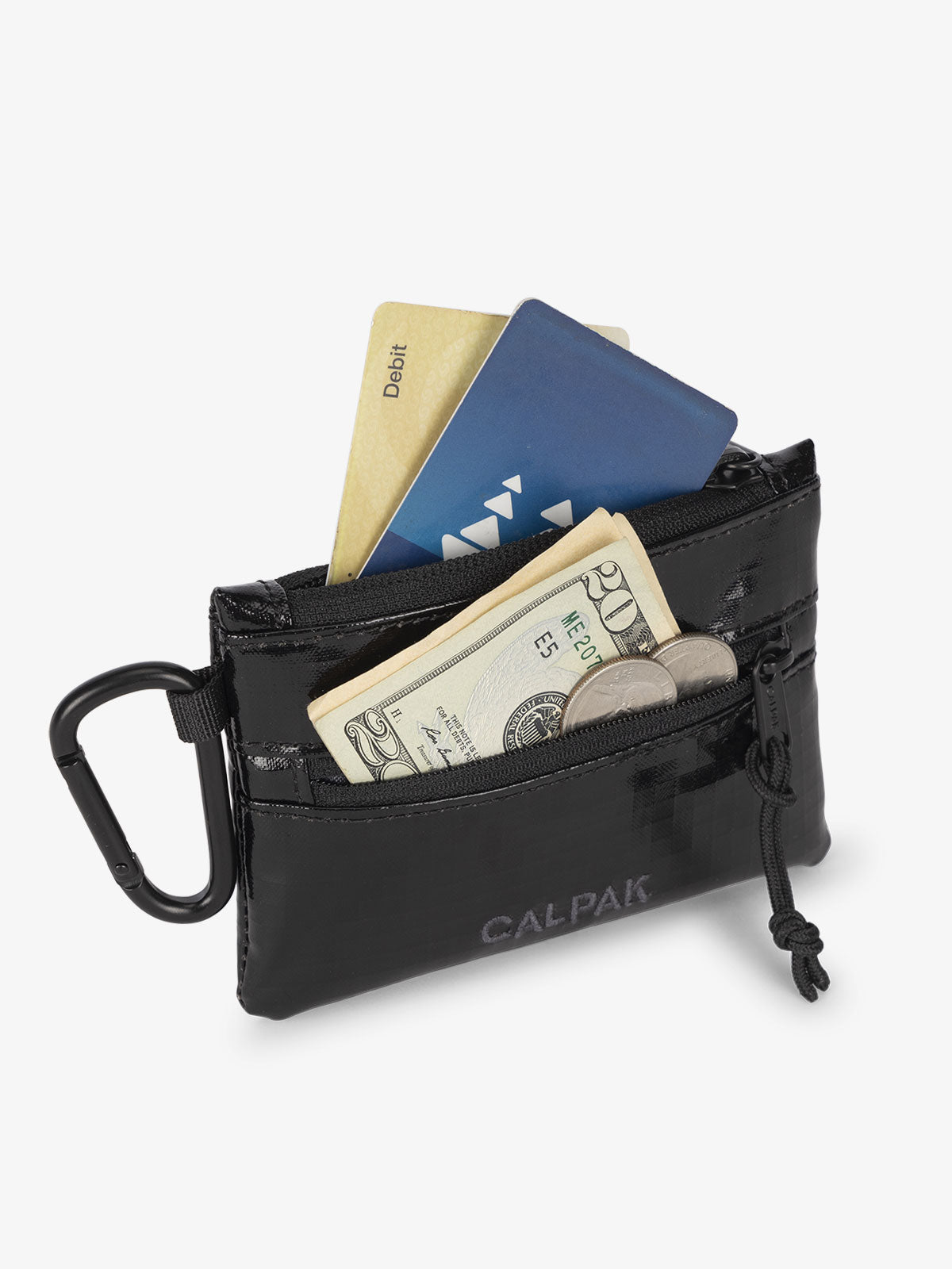 CALPAK Terra Clippable Card Pouch in Black being used for card and cash wallet; TPC2401-OBSIDIAN
