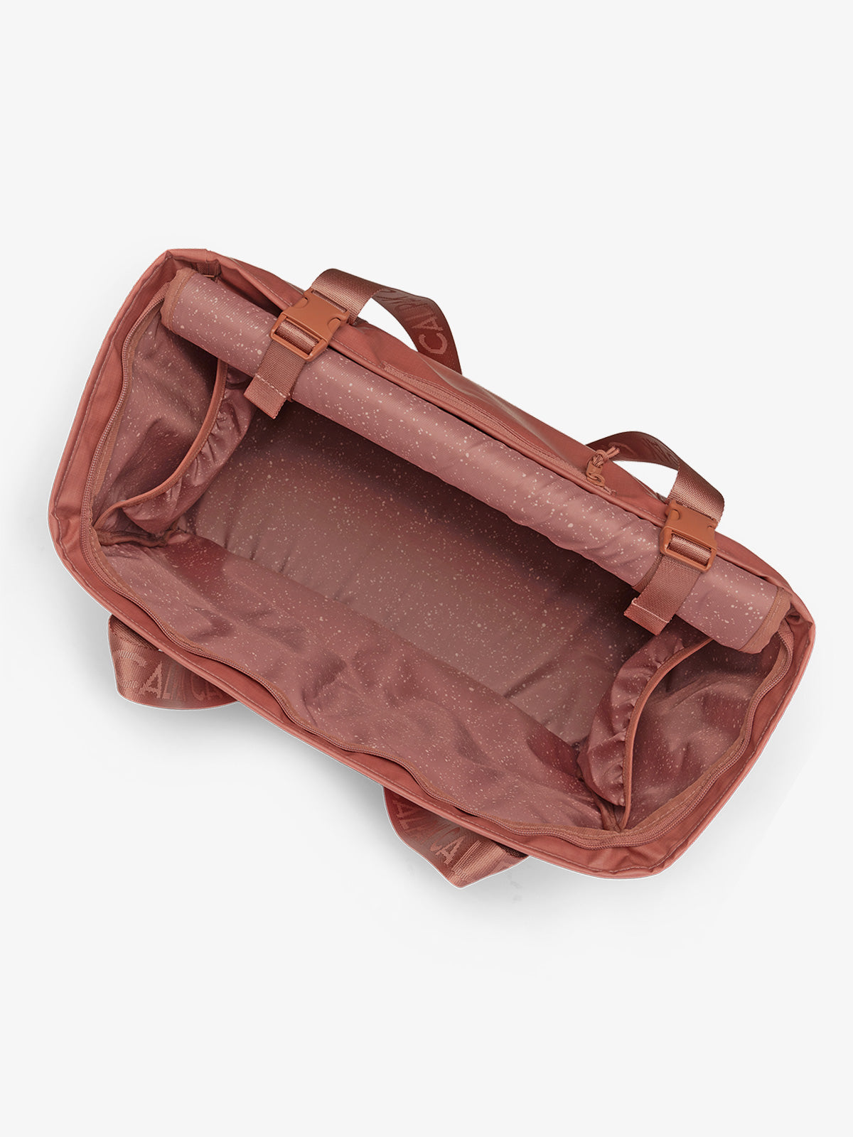 CALPAK Terra 35L Water Resistant Zippered Tote Bag in red and orange Matte Clay opened interior top view; TTO2401-CLAY
