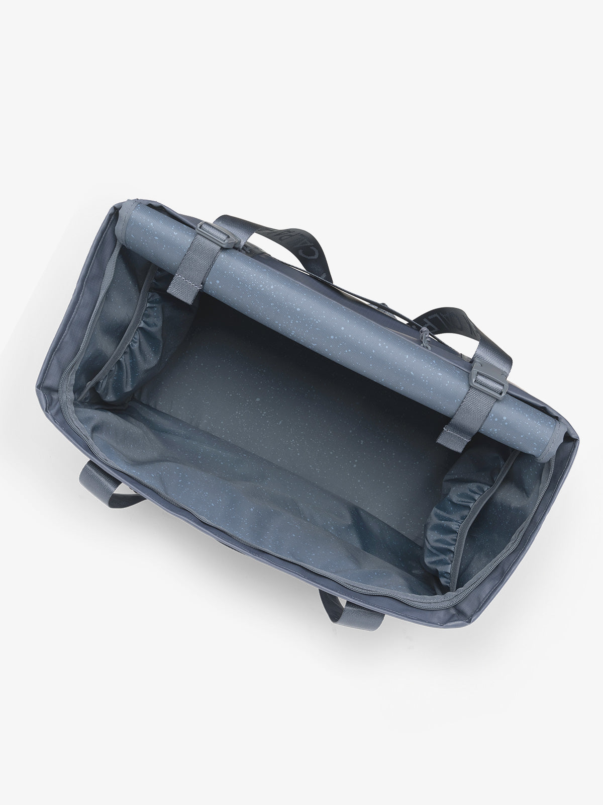 CALPAK Terra 35L Water Resistant Zippered Tote Bag in blue Matte Indigo opened interior top view; TTO2401-INDIGO