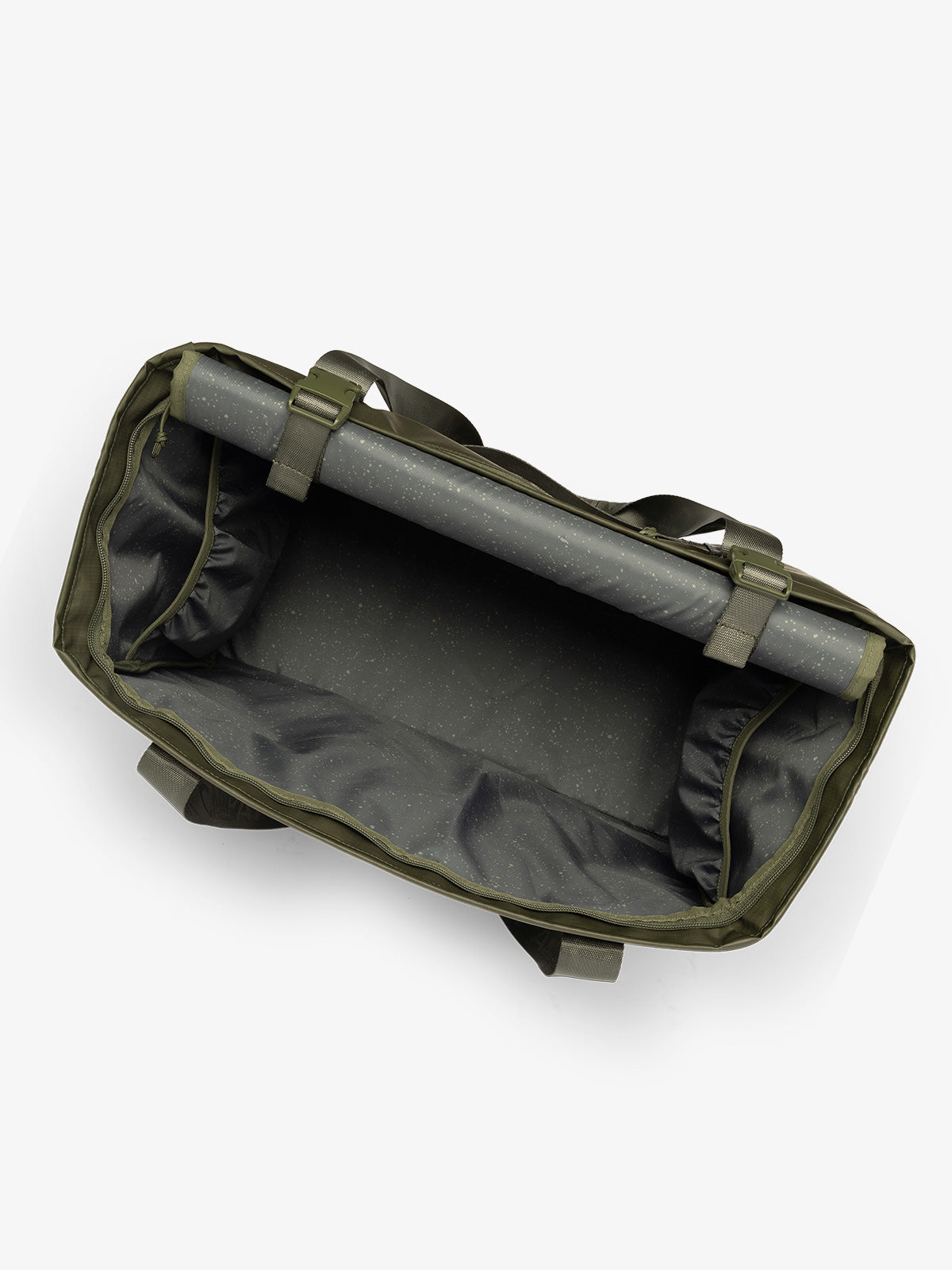 CALPAK Terra 35L Water Resistant Zippered Tote Bag in dark green Matte Pine opened interior top view; TTO2401-PINE