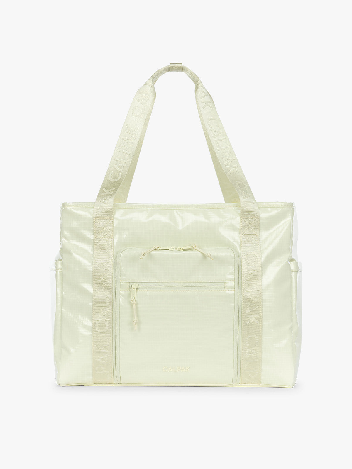 CALPAK Terra 35L Tote Bag with multiple pockets and shoulder straps in shiny light green Celadon on a white background; TTO2401-CELADON