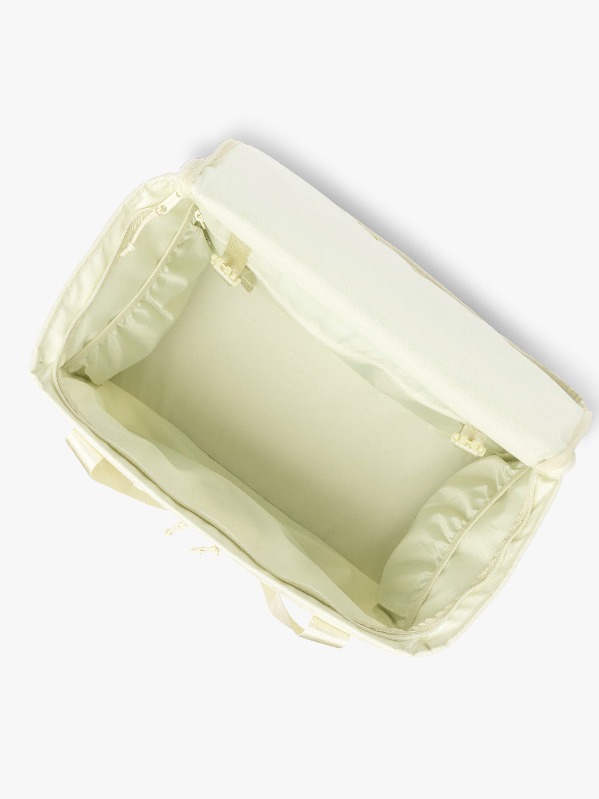 Top opened view of CALPAK Terra 35L Tote Bag with multiple pockets and shoulder straps in shiny light green Celadon on a white background; TTO2401-CELADON