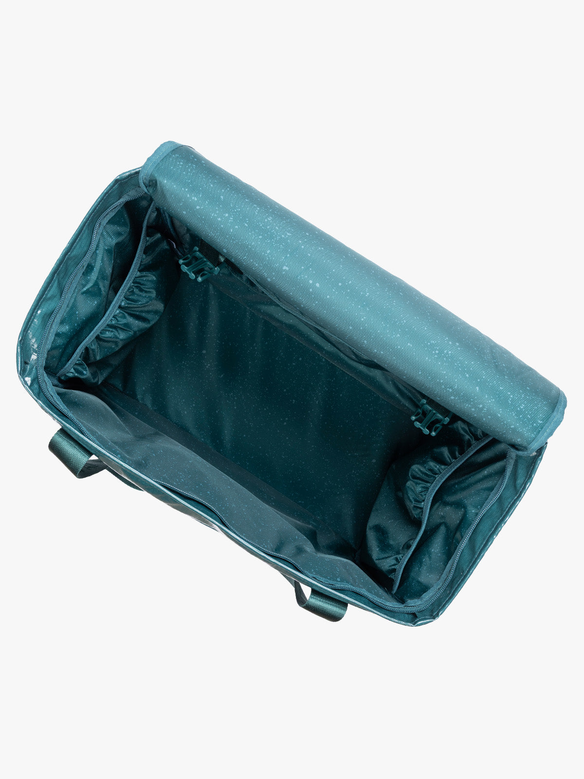 Opened CALPAK Terra 35L Tote Bag with zippers in blue green Kale on a white background; TTO2401-KALE