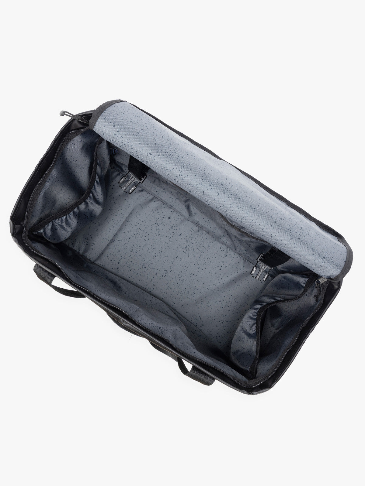 CALPAK Terra 35L Tote in black Matte Obsidian opened view; TTO2401-MATTE-OBSIDIAN