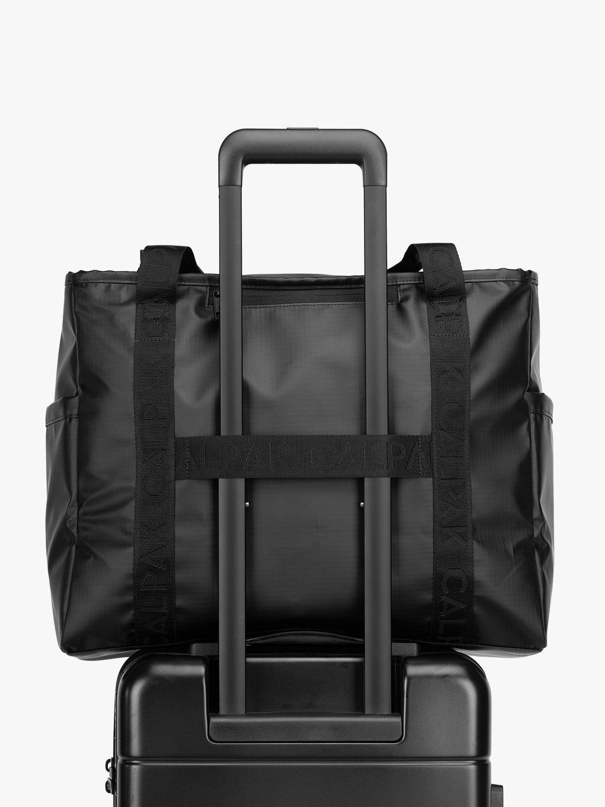 CALPAK Terra 35L Tote in black Matte Obsidian back trolley sleeve; TTO2401-MATTE-OBSIDIAN