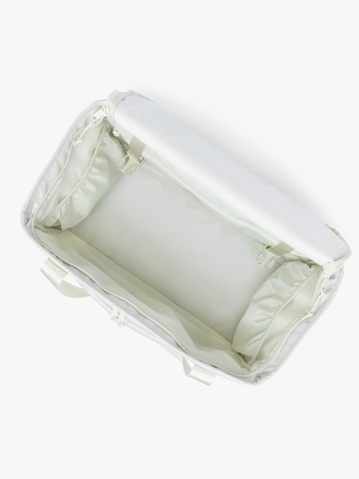 Top opened view of CALPAK Terra 35L Tote Bag with multiple pockets and shoulder straps in shiny white Moonbeam on a white background; TTO2401-MOONBEAM