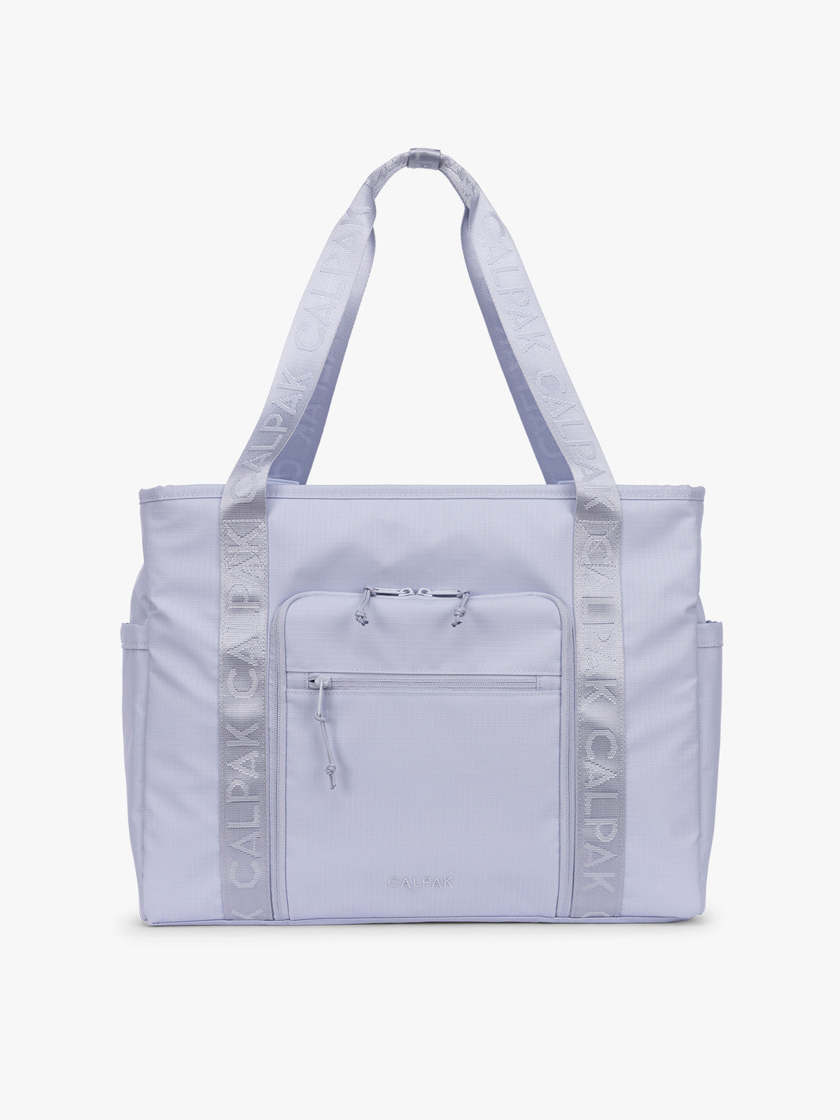 CALPAK Terra 35L Tote Bag with multiple pockets and shoulder straps in shiny light lavender Sea Glass on a white background; TTO2401-SEA-GLASS