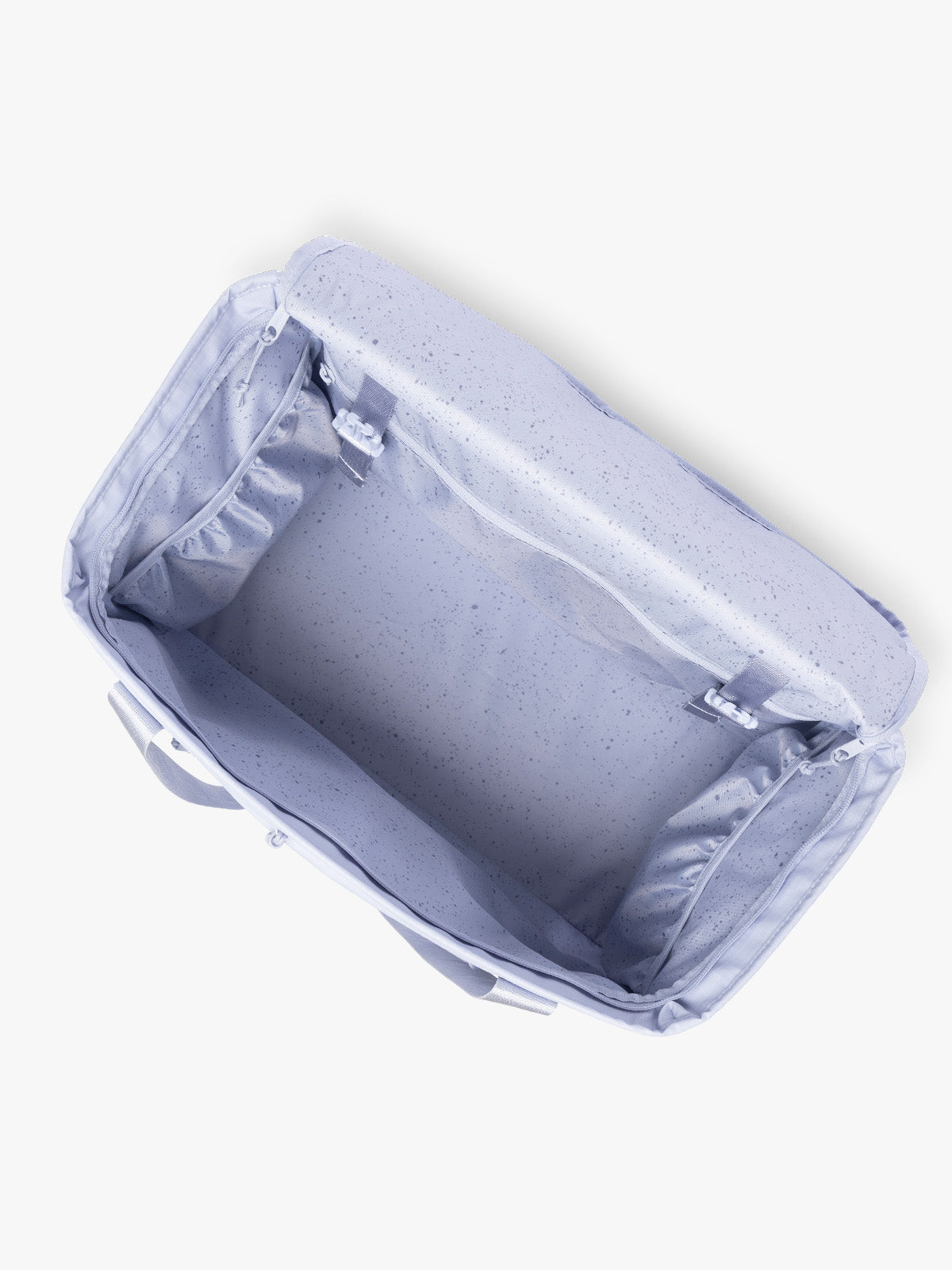 Top opened view of the CALPAK Terra 35L Tote Bag with multiple pockets and shoulder straps in shiny light lavender Sea Glass on a white background; TTO2401-SEA-GLASS