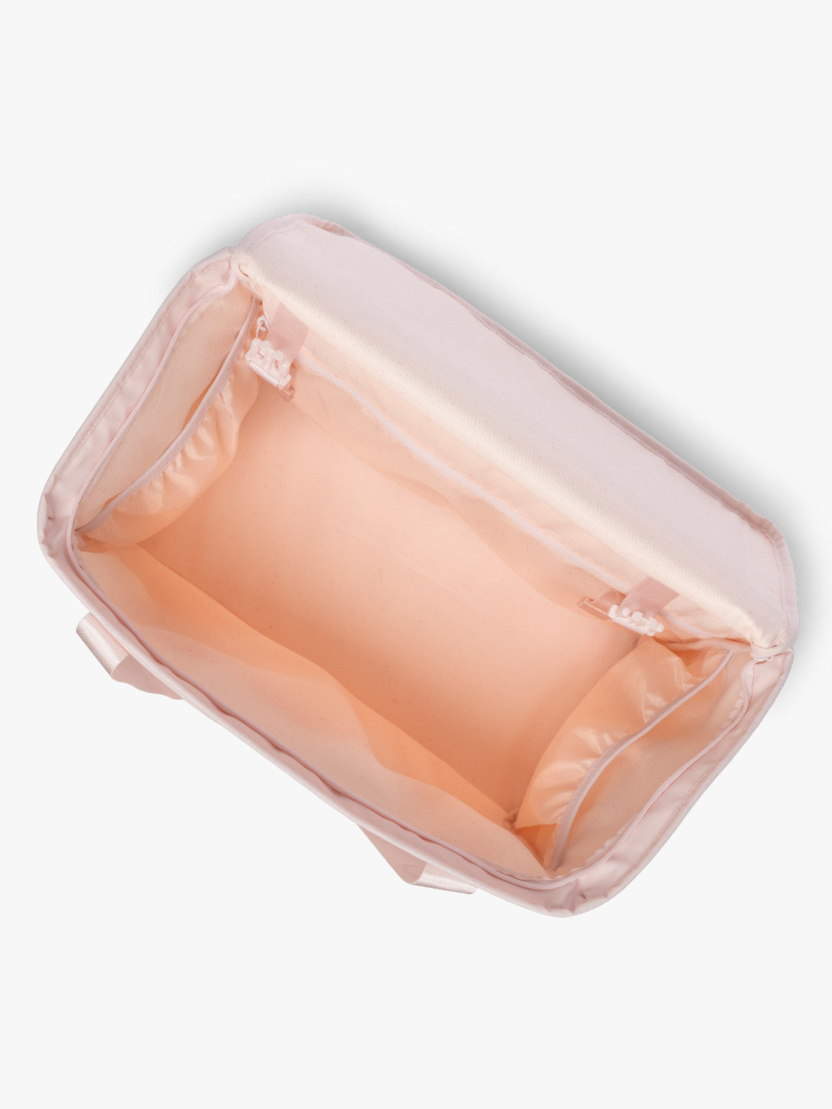 Top opened view of CALPAK Terra 35L Tote Bag with multiple pockets and shoulder straps in shiny light pink Shell Pink on a white background; TTO2401-SHELL-PINK