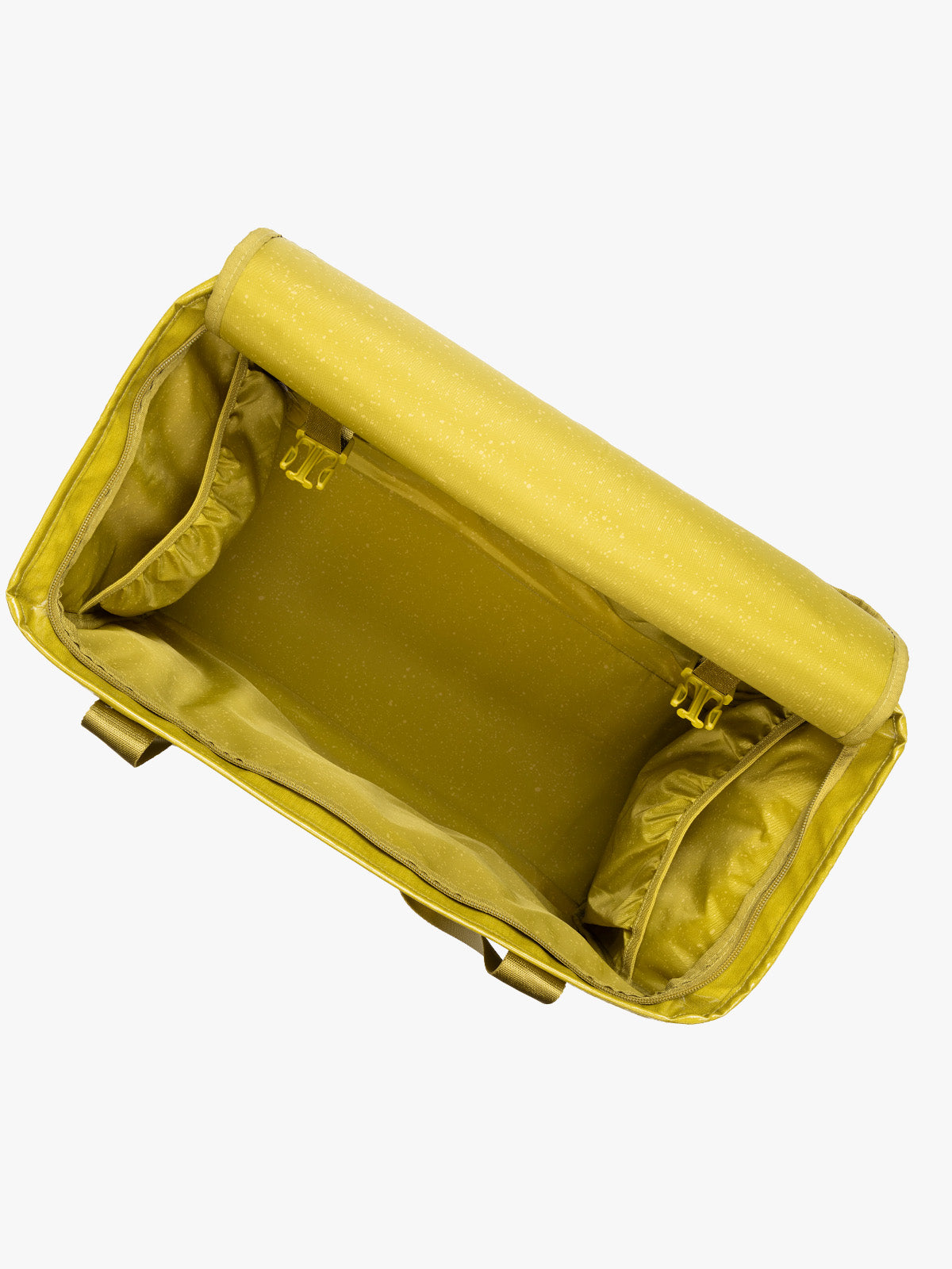 Opened CALPAK Terra 35L Tote Bag with zippers in yellow green Wasabi on a white background; TTO2401-WASABI