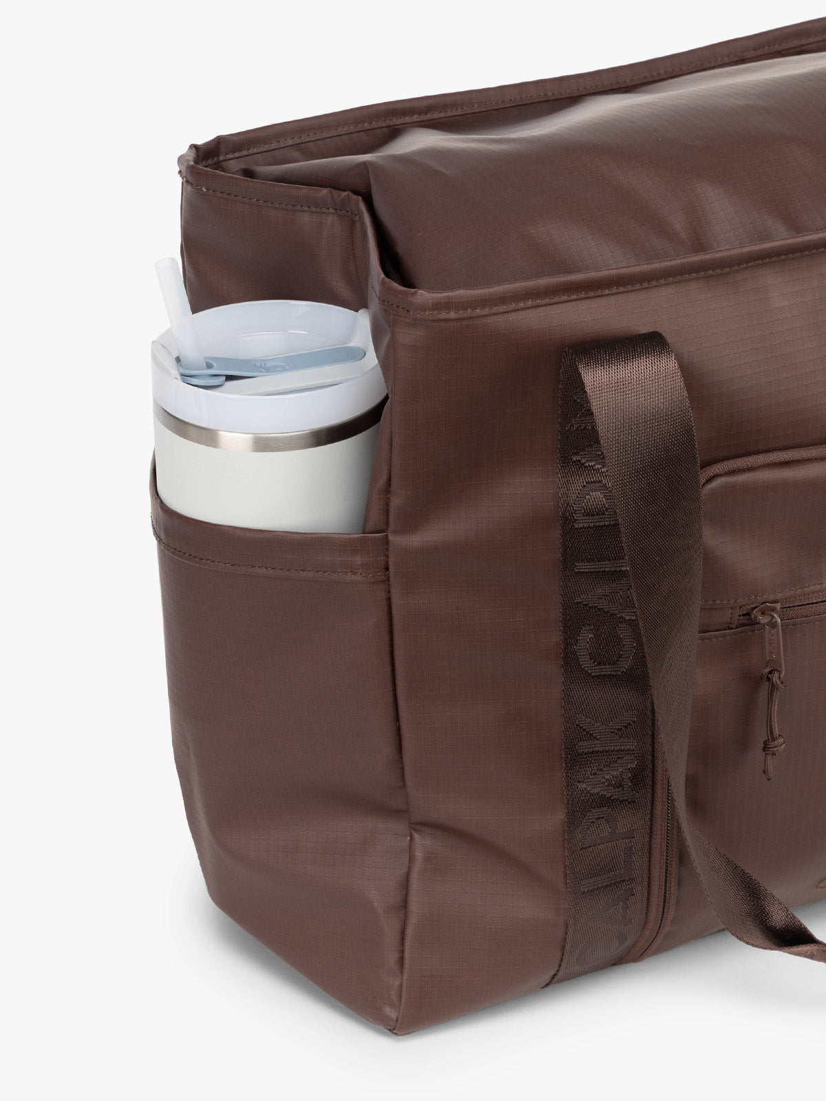 CALPAK Terra 35L Tote in brown Walnut side water bottle pocket; TTO2401-WALNUT