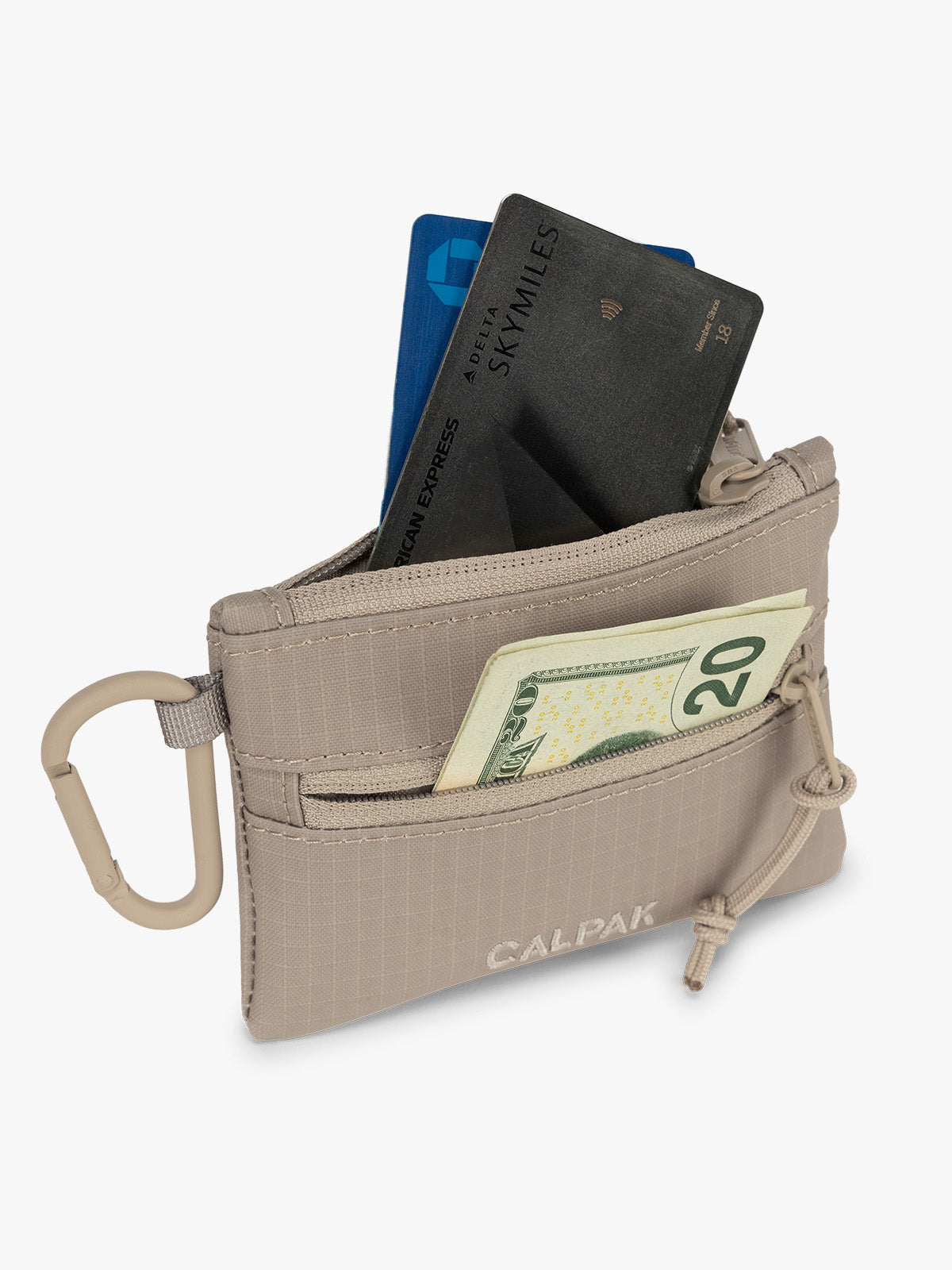 CALPAK Terra Clippable Card Pouch in beige Stone filled with cards and cash; TPC2401-STONE
