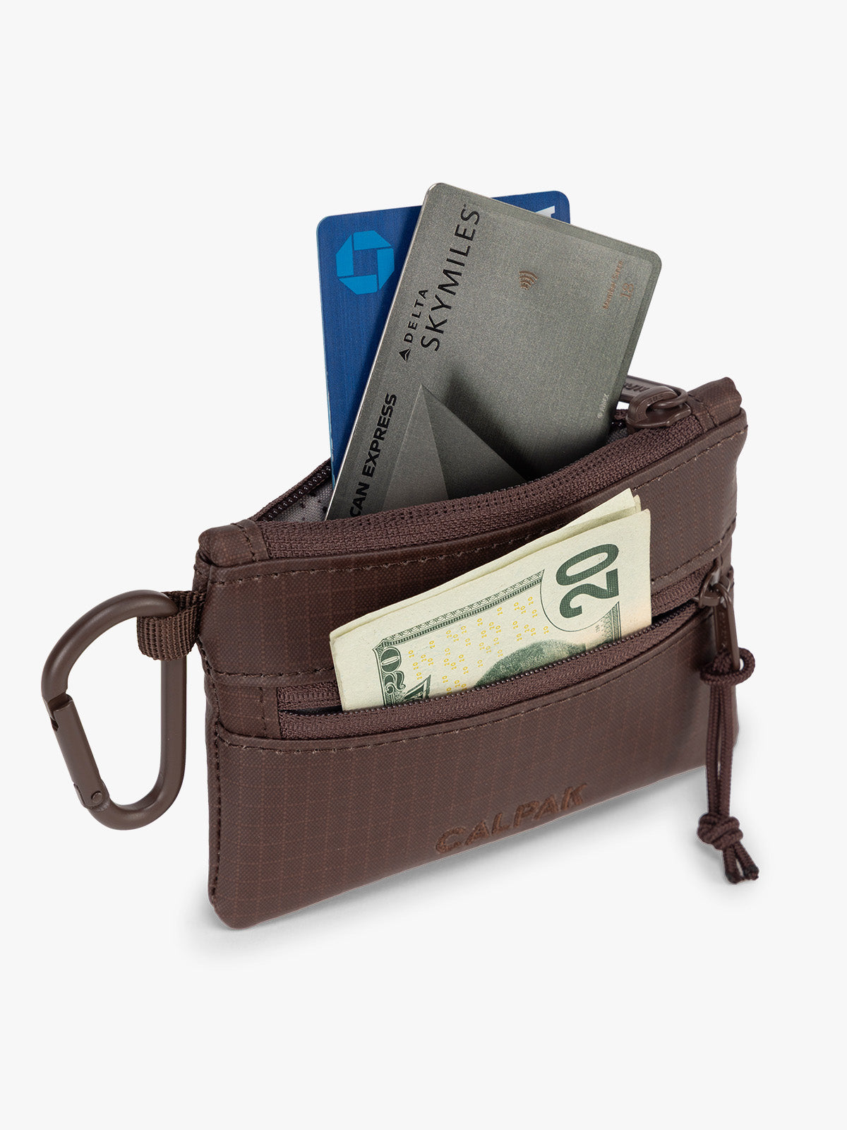 CALPAK Terra Clippable Card Pouch in brown Walnut filled with cards and cash; TPC2401-WALNUT
