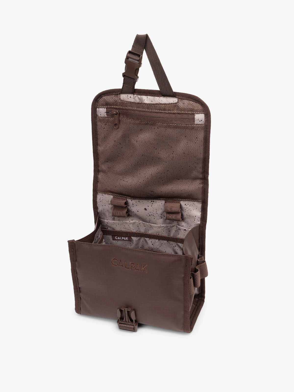 CALPAK Terra Hanging Toiletry Bag in brown Walnut opened view; THY2201-WALNUT